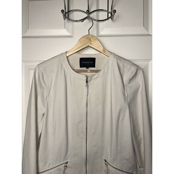 Lafayette 148 New York Cairo Cream Color Full Zip Polyamide Moto Jacket size 12 - Picture 3 of 12